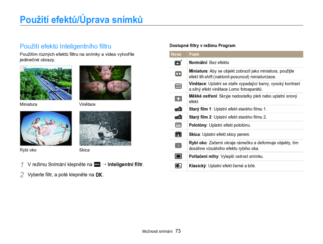 Samsung EC-SH100ZBPRE3 Použití efektů/Úprava snímků, Použití efektů Inteligentního ﬁltru, Dostupné ﬁltry v režimu Program 