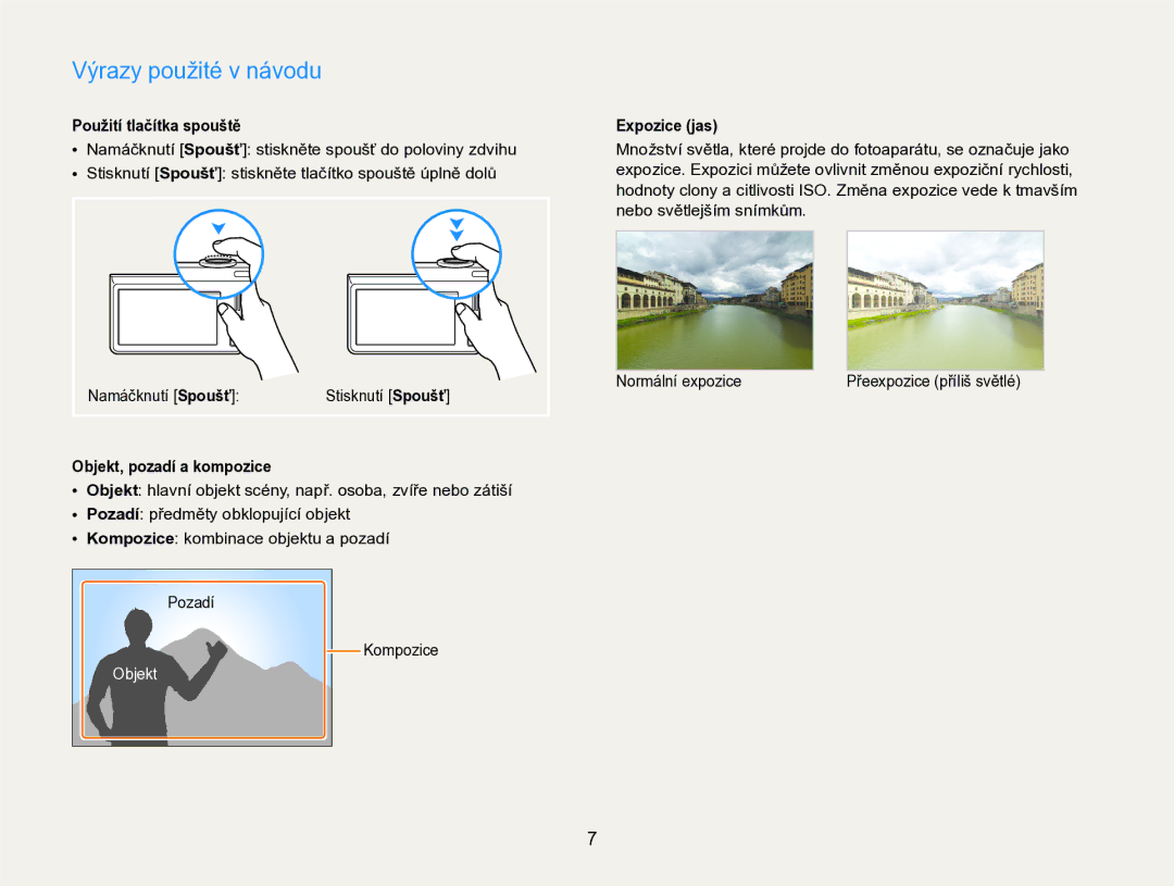 Samsung EC-SH100ZBPBE1 manual Výrazy použité v návodu, Použití tlačítka spouště, Objekt, pozadí a kompozice, Expozice jas 