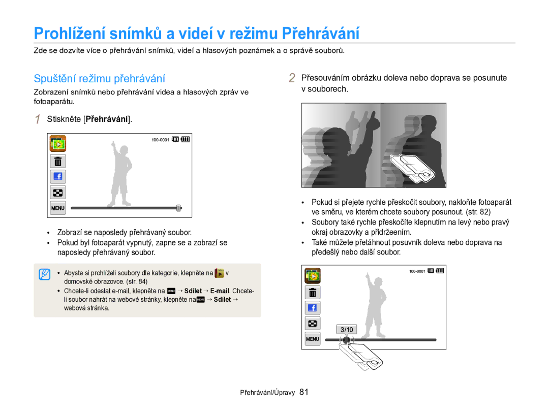 Samsung EC-SH100ZBPRE3, EC-SH100ZBPBE1 manual Prohlížení snímků a videí v režimu Přehrávání, Spuštění režimu přehrávání 