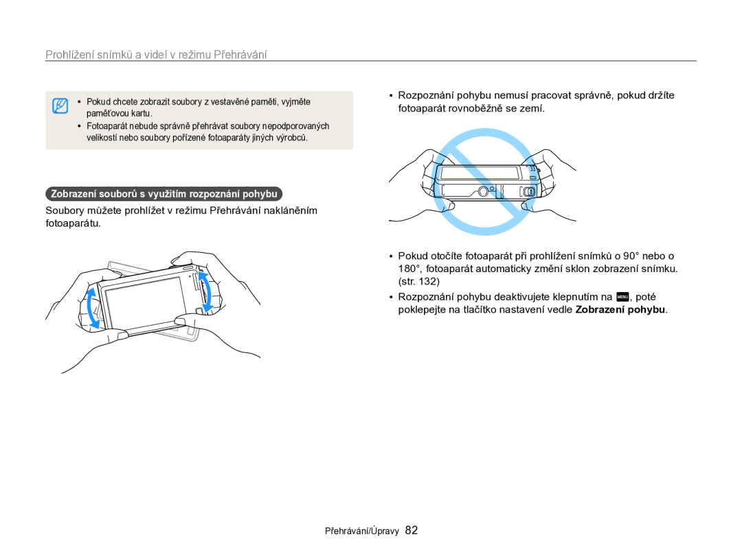 Samsung EC-SH100ZBPSE3 manual Prohlížení snímků a videí v režimu Přehrávání, Zobrazení souborů s využitím rozpoznání pohybu 