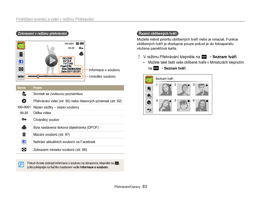 Samsung EC-SH100ZBPBE1, EC-SH100ZBPBE3 manual Režimu Přehrávání klepněte na m “ Seznam tváří, Zobrazení v režimu přehrávání 