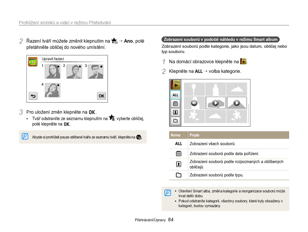 Samsung EC-SH100ZBPBE3 manual Klepněte na, Zobrazení souborů v podobě náhledu v režimu Smart album, “ volba kategorie 