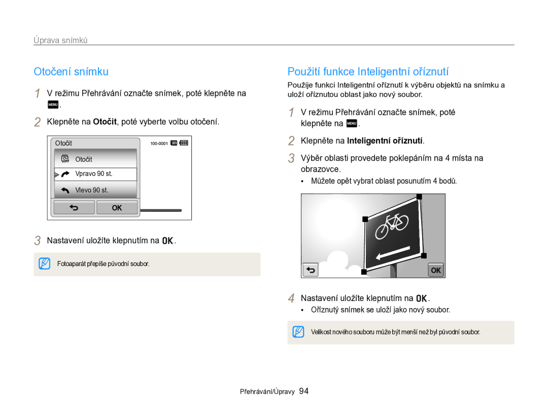 Samsung EC-SH100ZBPSE3, EC-SH100ZBPBE1, EC-SH100ZBPBE3 Otočení snímku, Použití funkce Inteligentní oříznutí, Úprava snímků 