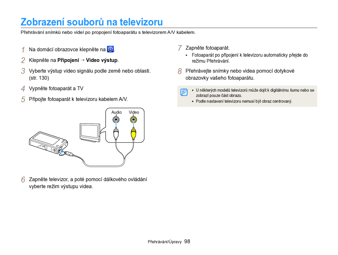 Samsung EC-SH100ZBPSE3, EC-SH100ZBPBE1 manual Zobrazení souborů na televizoru, Klepněte na Připojení “ Video výstup 