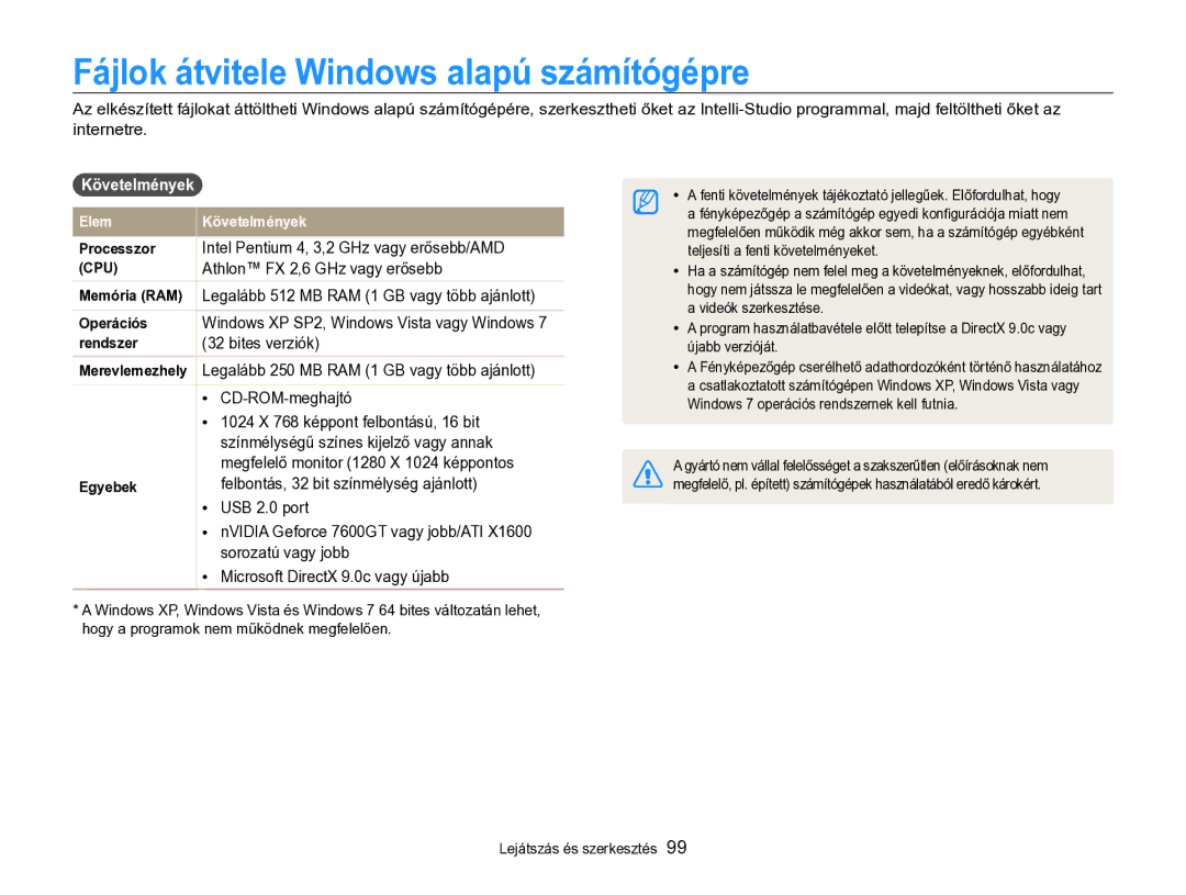 Samsung EC-SH100ZBPRE3, EC-SH100ZBPBE1, EC-SH100ZBPBE3 manual Fájlok átvitele Windows alapú számítógépre, Követelmények 