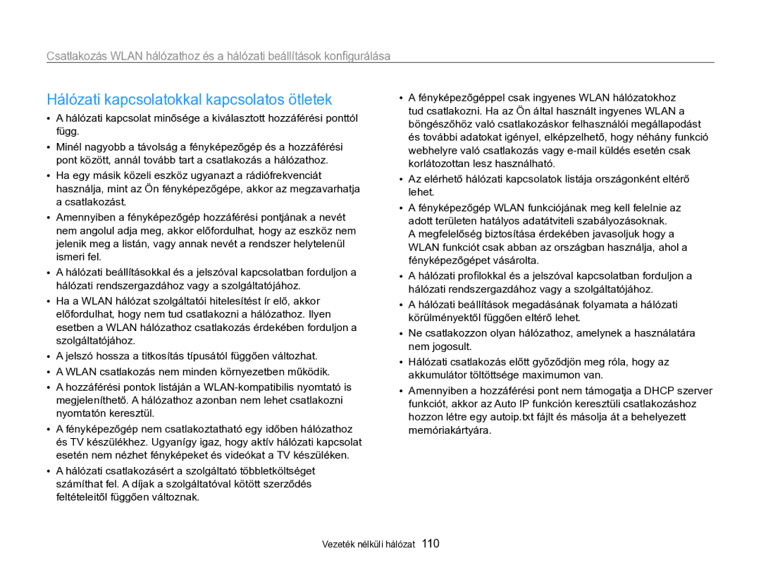 Samsung EC-SH100ZBPBE2, EC-SH100ZBPBE1, EC-SH100ZBPBE3, EC-SH100ZBPRE3 manual Hálózati kapcsolatokkal kapcsolatos ötletek 