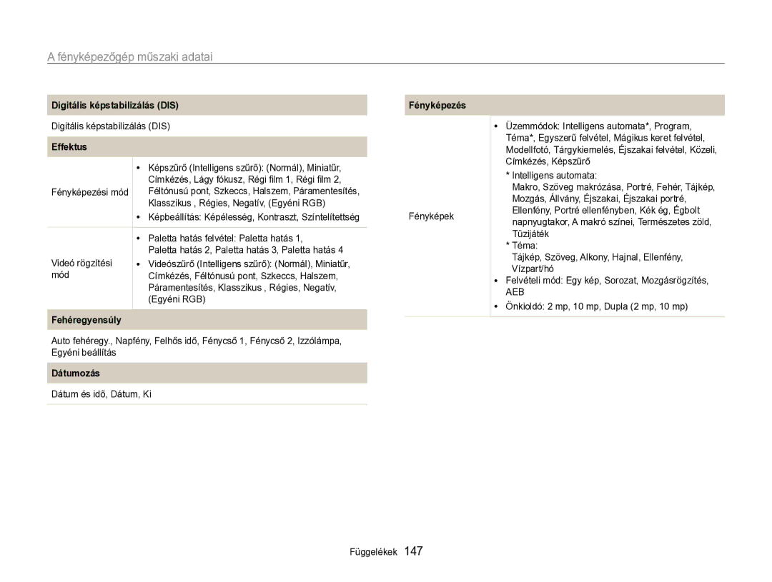 Samsung EC-SH100ZBPBE3, EC-SH100ZBPBE1 Fényképezőgép műszaki adatai, Digitális képstabilizálás DIS, Effektus, Fényképezés 