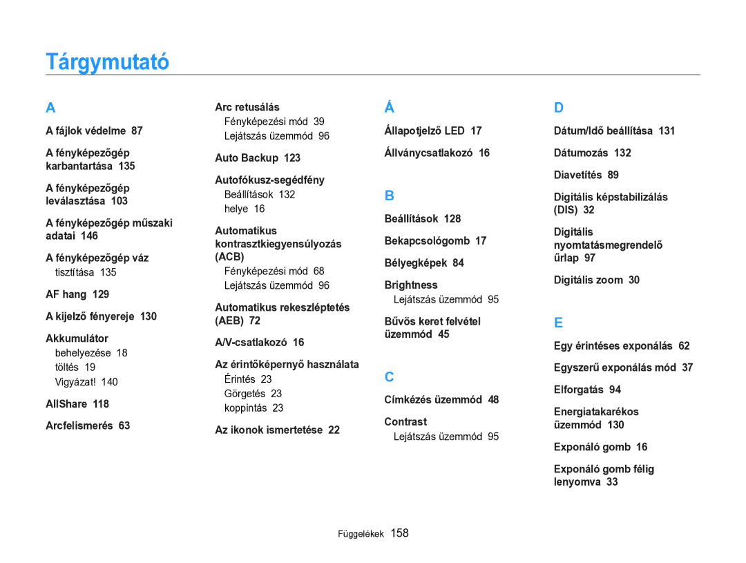 Samsung EC-SH100ZBPRE2, EC-SH100ZBPBE1, EC-SH100ZBPBE3, EC-SH100ZBPRE3, EC-SH100ZBPSE3, EC-SH100ZBPSE2 manual Tárgymutató 