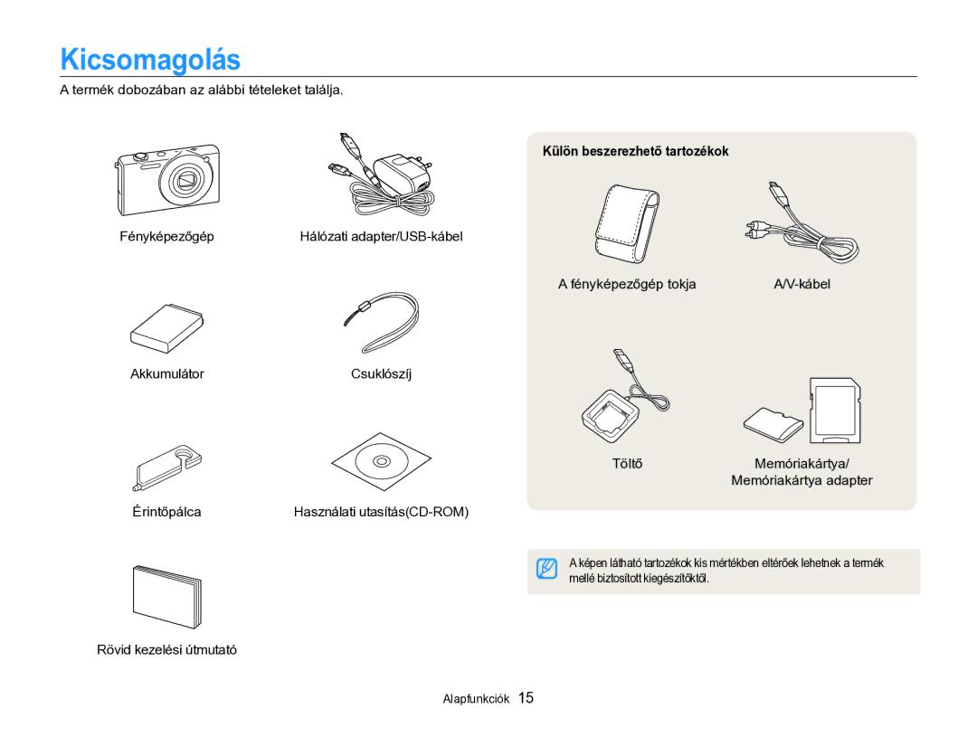 Samsung EC-SH100ZBPRE3, EC-SH100ZBPBE1, EC-SH100ZBPBE3, EC-SH100ZBPSE3 manual Kicsomagolás, Külön beszerezhető tartozékok 