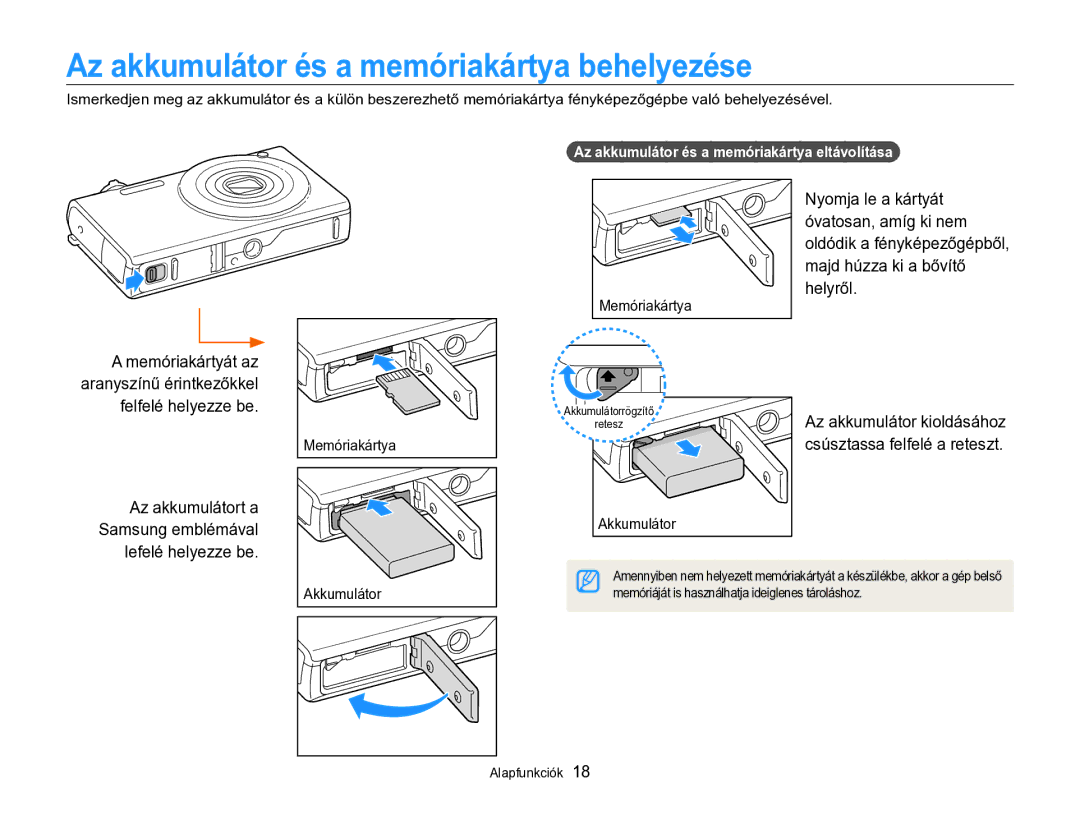 Samsung EC-SH100ZBPRE2 manual Az akkumulátor és a memóriakártya behelyezése, Az akkumulátor és a memóriakártya eltávolítása 