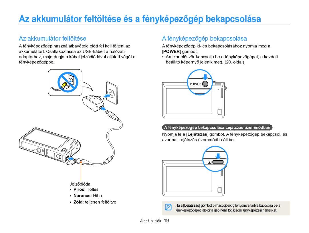 Samsung EC-SH100ZBPBE2 Az akkumulátor feltöltése és a fényképezőgép bekapcsolása, Fényképezőgép bekapcsolása, Narancs Hiba 