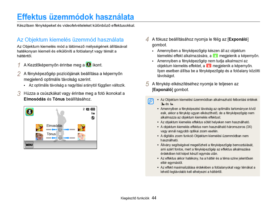 Samsung EC-SH100ZBPSE3, EC-SH100ZBPBE1 manual Effektus üzemmódok használata, Az Objektum kiemelés üzemmód használata 