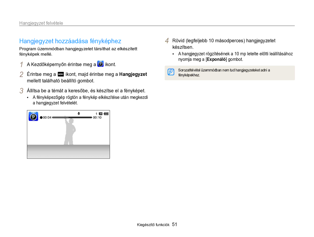 Samsung EC-SH100ZBPSE3 manual Hangjegyzet hozzáadása fényképhez, Hangjegyzet felvétele, Mellett található beállító gombot 