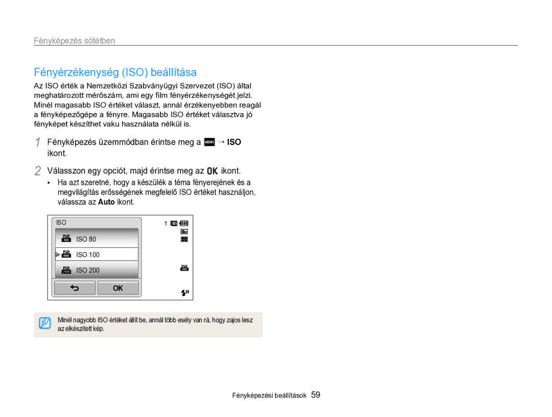 Samsung EC-SH100ZBPSE2, EC-SH100ZBPBE1, EC-SH100ZBPBE3 manual Fényérzékenység ISO beállítása, Iso, Az elkészített kép 