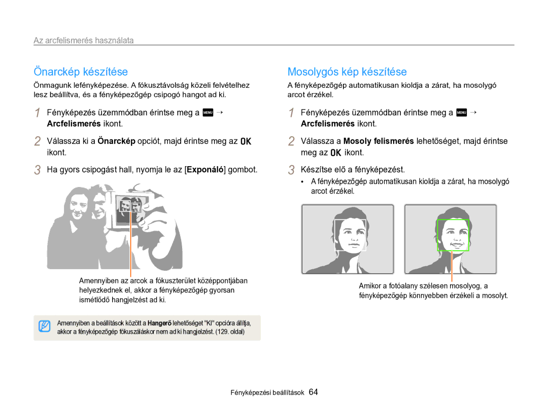 Samsung EC-SH100ZBPRE3, EC-SH100ZBPBE1 manual Önarckép készítése, Mosolygós kép készítése, Az arcfelismerés használata 