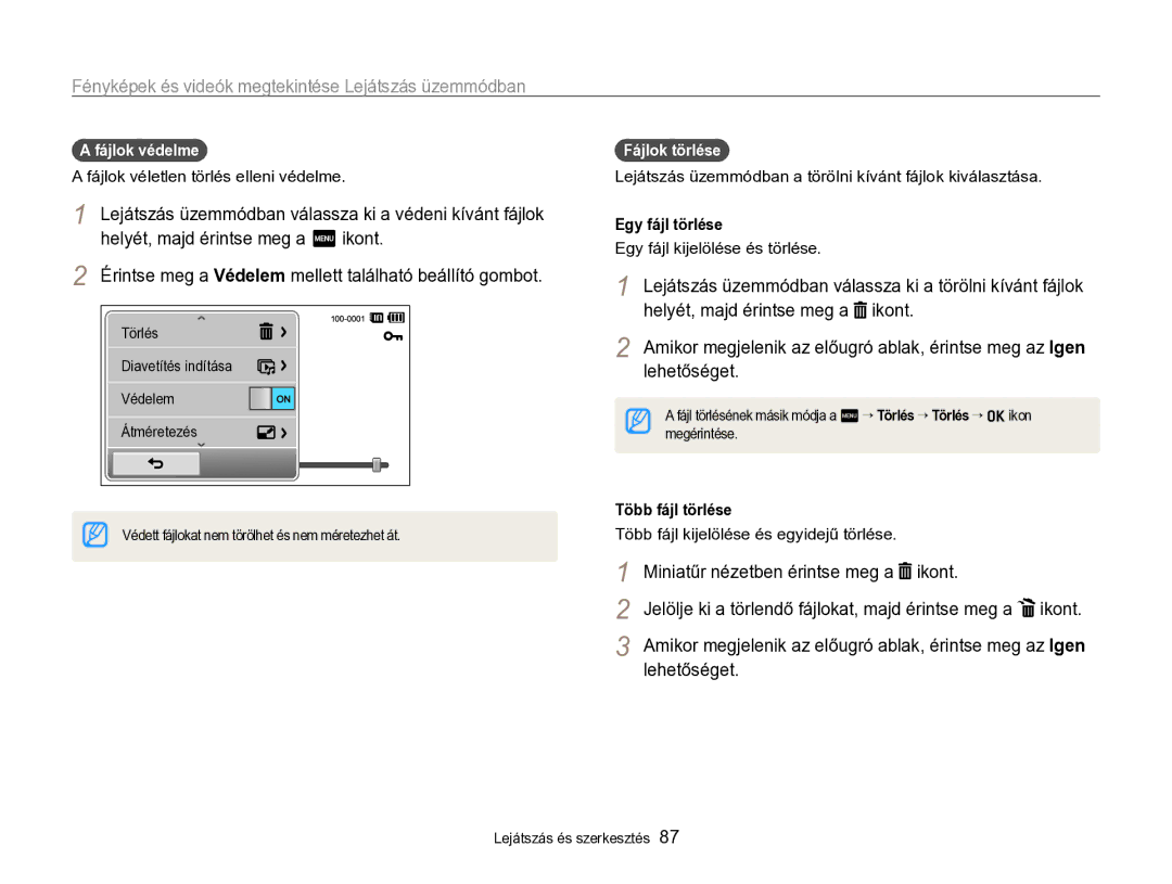 Samsung EC-SH100ZBPSE2 manual Érintse meg a Védelem mellett található beállító gombot, Helyét, majd érintse meg a ikont 