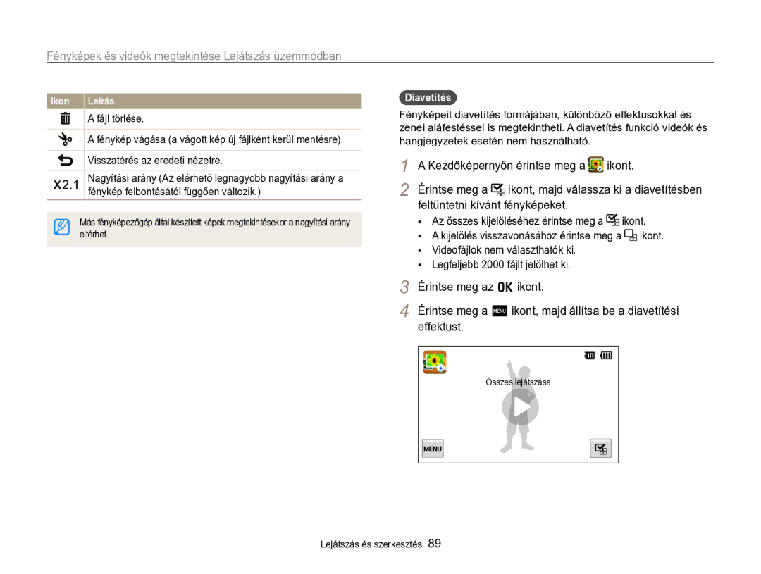 Samsung EC-SH100ZBPBE2, EC-SH100ZBPBE1 manual Feltüntetni kívánt fényképeket, Érintse meg az o ikont, Effektust, Diavetítés 