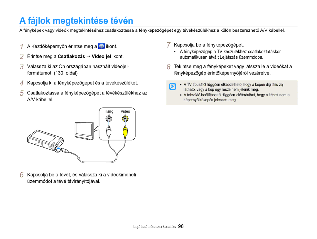 Samsung EC-SH100ZBPBE3, EC-SH100ZBPBE1 manual Fájlok megtekintése tévén, Formátumot . oldal Kapcsolja be a fényképezőgépet 