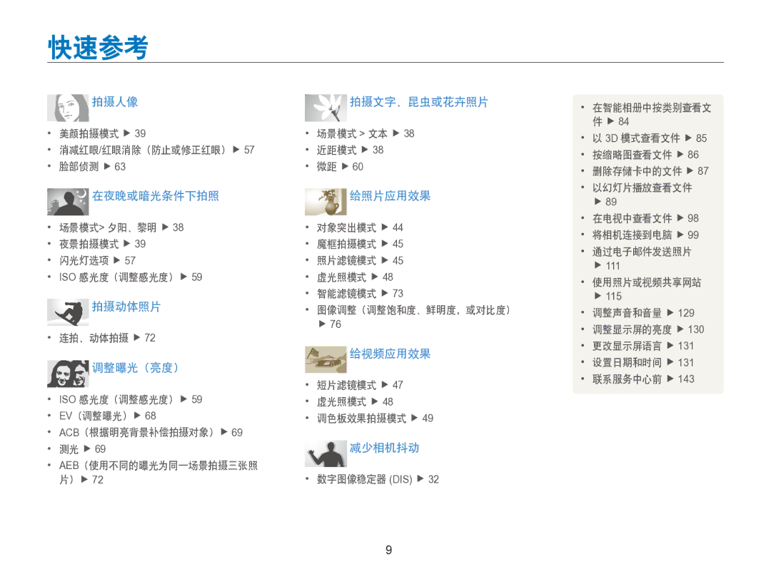 Samsung EC-SH100ZBPSE3, EC-SH100ZBPBE1, EC-SH100ZBPBE3, EC-SH100ZBPRE3, EC-SH100ZBPSE2, EC-SH100ZBPRE2 manual 快速参考, 减少相机抖动 