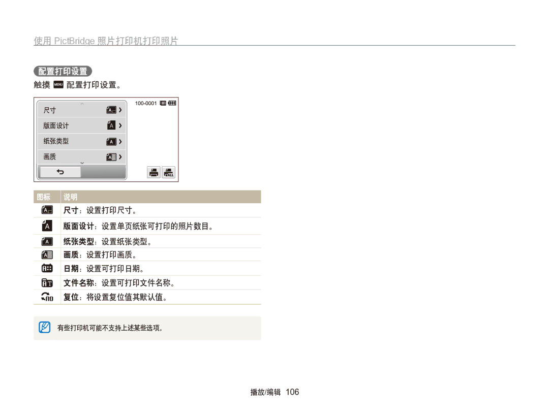 Samsung EC-SH100ZBPRE3, EC-SH100ZBPBE1, EC-SH100ZBPBE3, EC-SH100ZBPSE3, EC-SH100ZBPSE2 manual 使用 PictBridge 照片打印机打印照片, 配置打印设置 