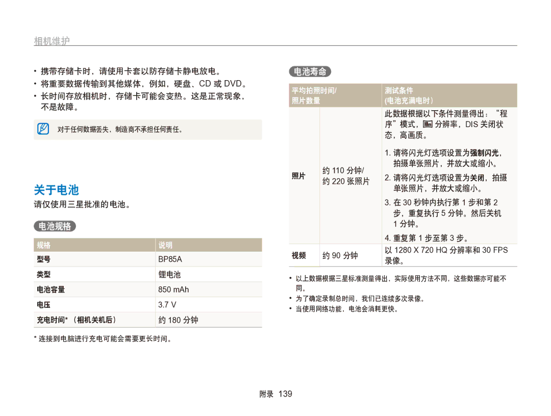 Samsung EC-SH100ZBPBE1, EC-SH100ZBPBE3, EC-SH100ZBPRE3, EC-SH100ZBPSE3, EC-SH100ZBPSE2, EC-SH100ZBPRE2 manual 关于电池, 电池规格, 电池寿命 