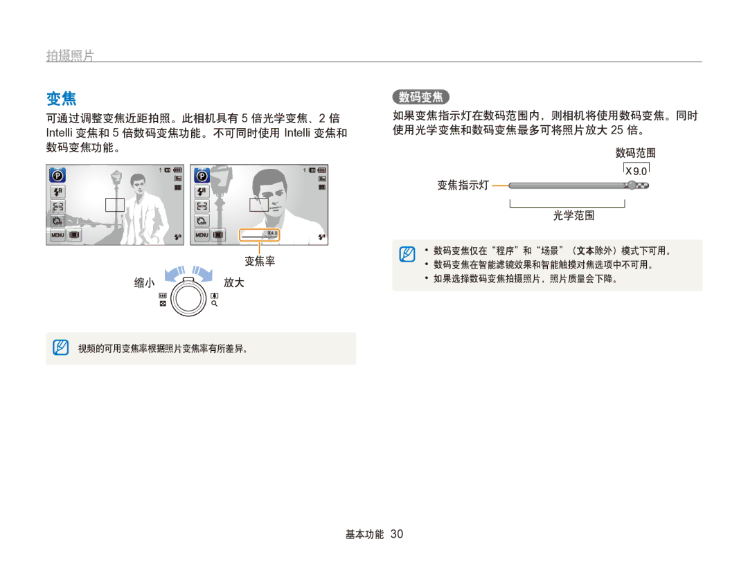 Samsung EC-SH100ZBPSE3, EC-SH100ZBPBE1, EC-SH100ZBPBE3, EC-SH100ZBPRE3, EC-SH100ZBPSE2, EC-SH100ZBPRE2 manual 拍摄照片, 数码变焦 