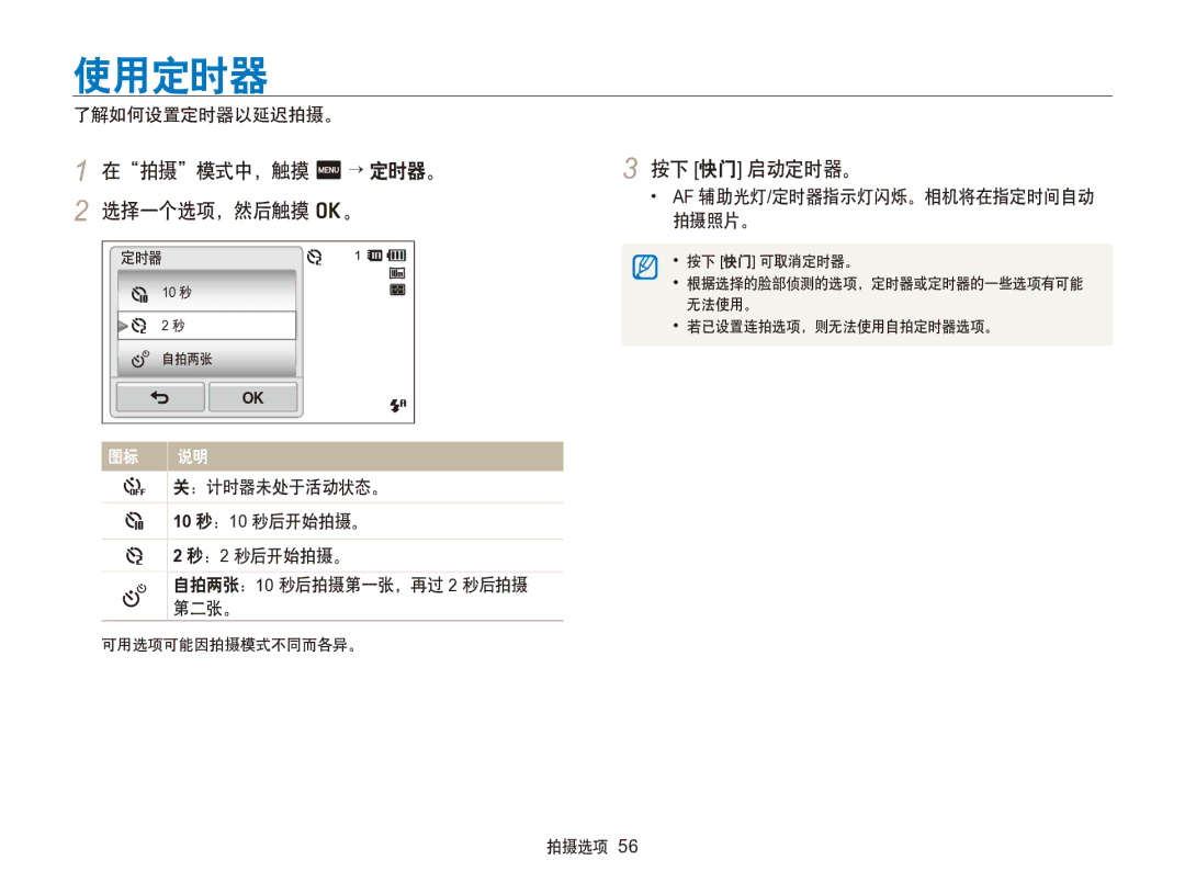 Samsung EC-SH100ZBPBE3, EC-SH100ZBPBE1, EC-SH100ZBPRE3 manual 使用定时器, 在拍摄模式中，触摸 m → 定时器。 按下 快门 启动定时器。 选择一个选项，然后触摸 o。, 拍摄照片。 