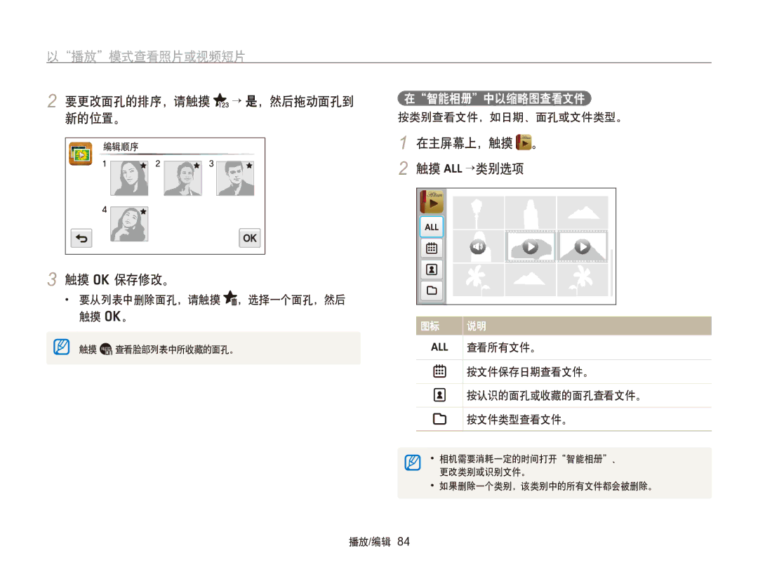 Samsung EC-SH100ZBPBE3 要更改面孔的排序，请触摸 → 是，然后拖动面孔到 新的位置。, 触摸 o 保存修改。, 在主屏幕上，触摸 。 触摸 →类别选项, 要从列表中删除面孔，请触摸 ，选择一个面孔，然后 触摸 o。 