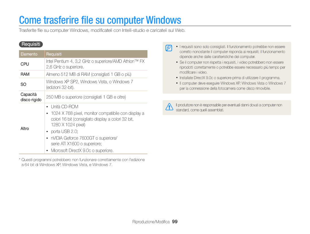 Samsung EC-SH100ZBPBE1, EC-SH100ZDPSME, EC-SH100ZDPBME manual Come trasferire ﬁle su computer Windows, Elemento Requisiti 