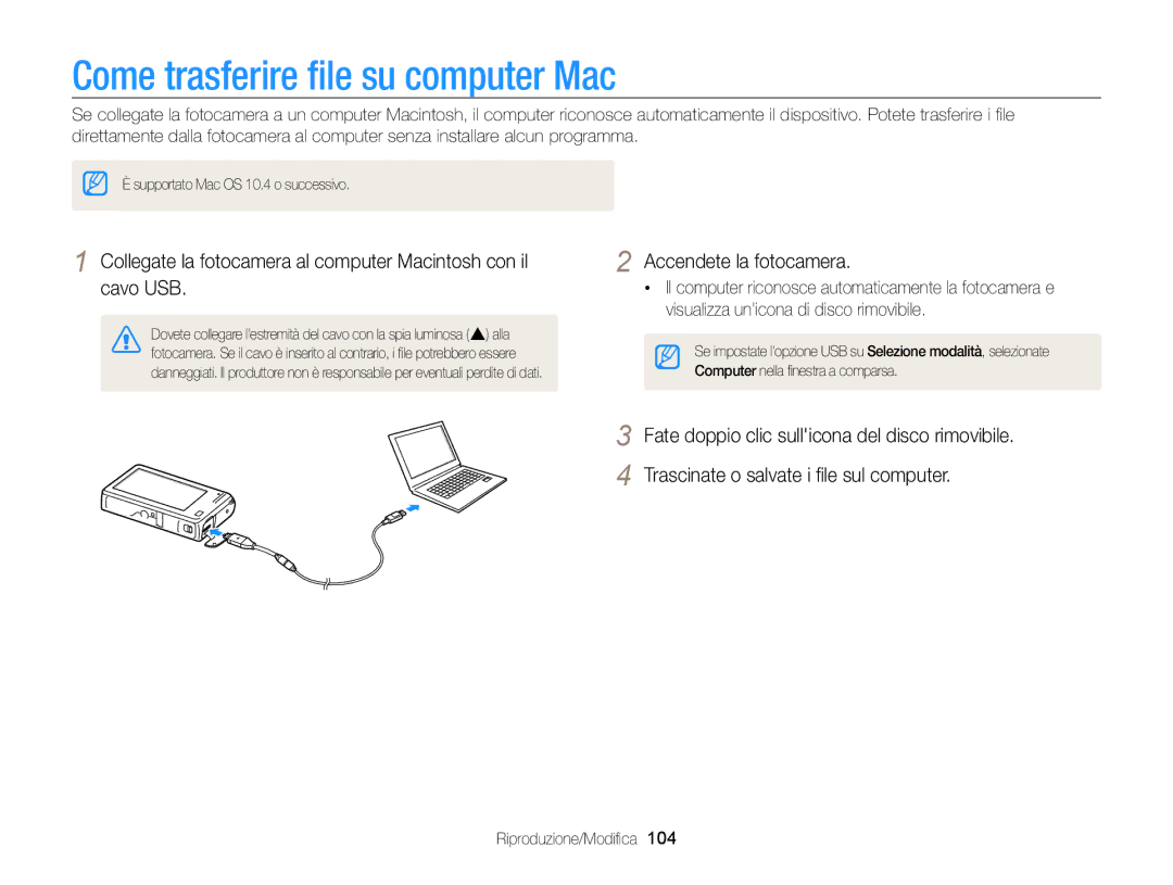 Samsung EC-SH100ZBPBE1 manual Come trasferire ﬁle su computer Mac, Fate doppio clic sullicona del disco rimovibile 