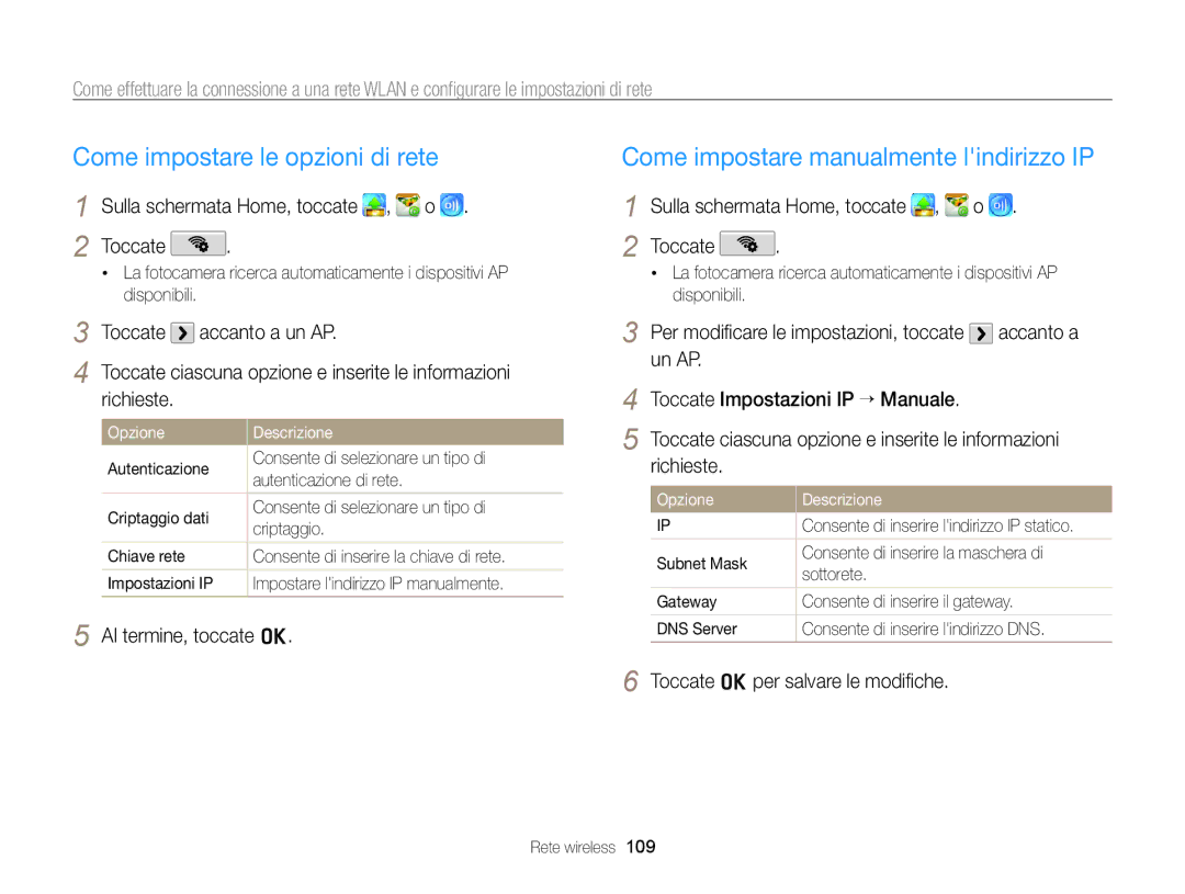 Samsung EC-SH100ZBPBE1, EC-SH100ZDPSME Come impostare le opzioni di rete, Come impostare manualmente lindirizzo IP 