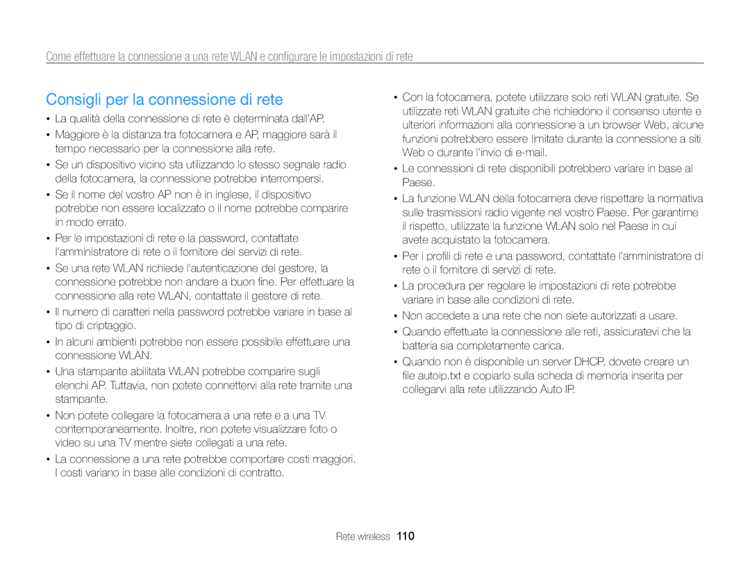 Samsung EC-SH100ZDPSME, EC-SH100ZBPBE1, EC-SH100ZDPBME, EC-SH100ZBPSE1, EC-SH100ZDPRME Consigli per la connessione di rete 