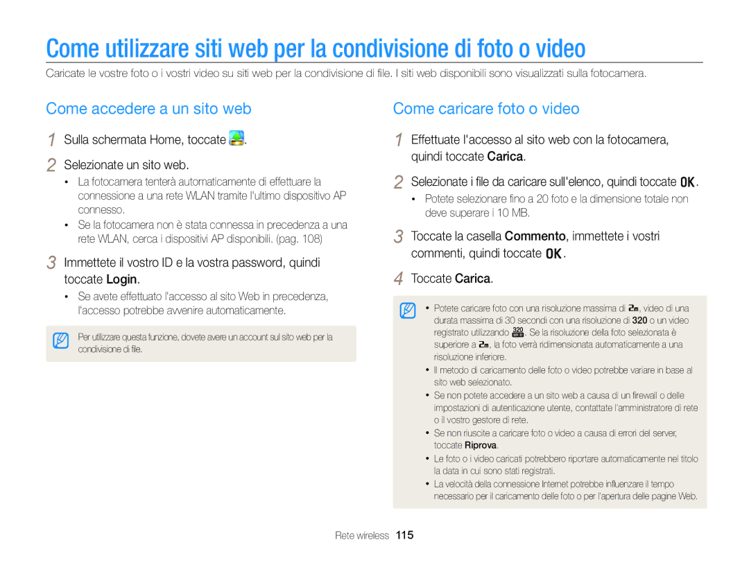 Samsung EC-SH100ZDPSME, EC-SH100ZBPBE1, EC-SH100ZDPBME manual Come accedere a un sito web, Come caricare foto o video 