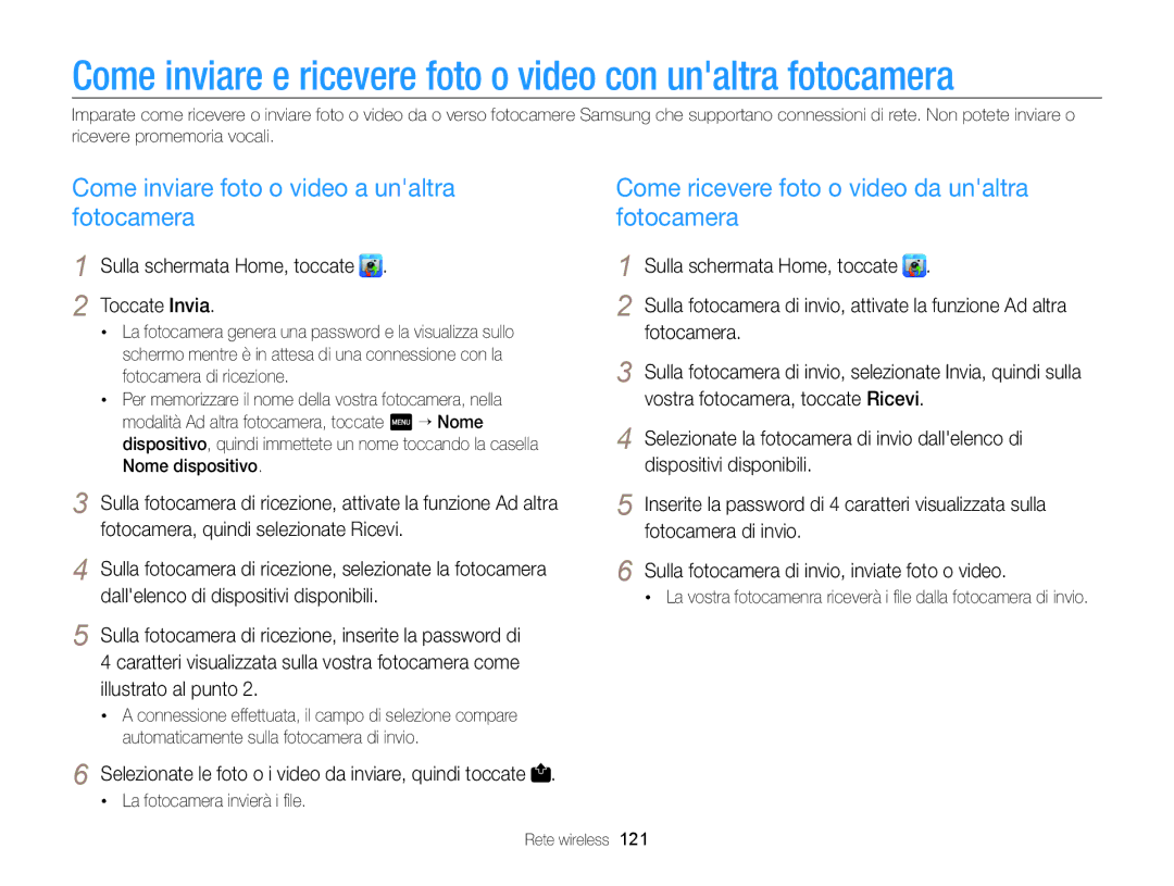 Samsung EC-SH100ZDPBME, EC-SH100ZBPBE1, EC-SH100ZDPSME manual Come inviare e ricevere foto o video con unaltra fotocamera 
