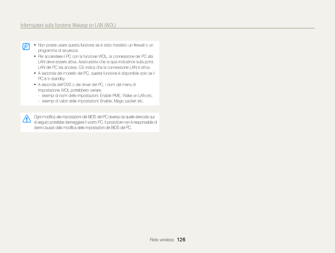 Samsung EC-SH100ZDPBME, EC-SH100ZBPBE1, EC-SH100ZDPSME, EC-SH100ZBPSE1 manual Informazioni sulla funzione Wakeup on LAN WOL 