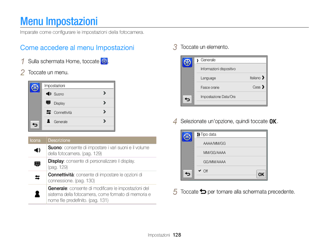 Samsung EC-SH100ZDPRME, EC-SH100ZBPBE1 manual Menu Impostazioni, Come accedere al menu Impostazioni, Toccate un elemento 