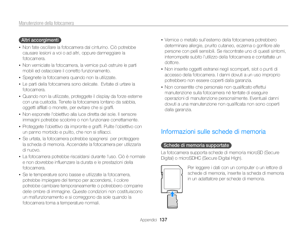 Samsung EC-SH100ZBPSE1 manual Informazioni sulle schede di memoria, Altri accorgimenti, Schede di memoria supportate 