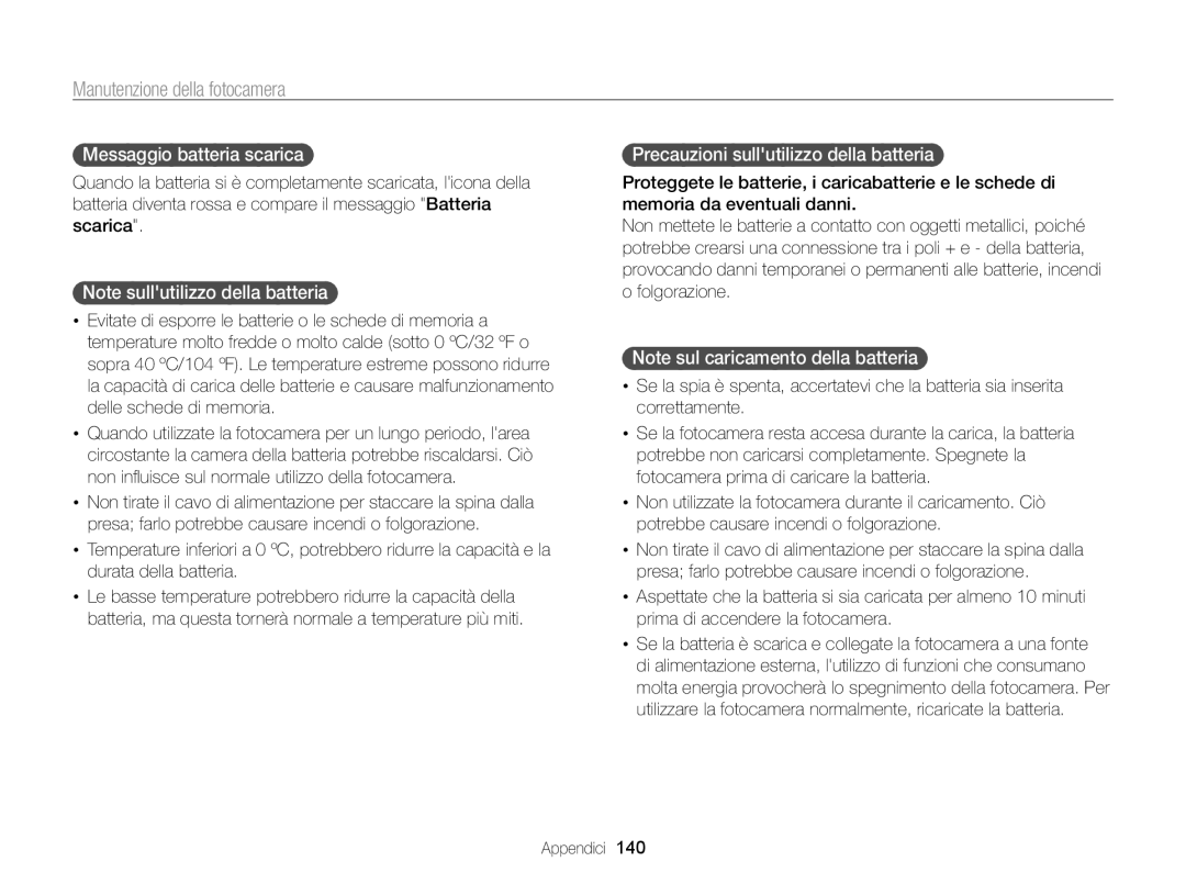 Samsung EC-SH100ZDPSME, EC-SH100ZBPBE1, EC-SH100ZDPBME Messaggio batteria scarica, Precauzioni sullutilizzo della batteria 