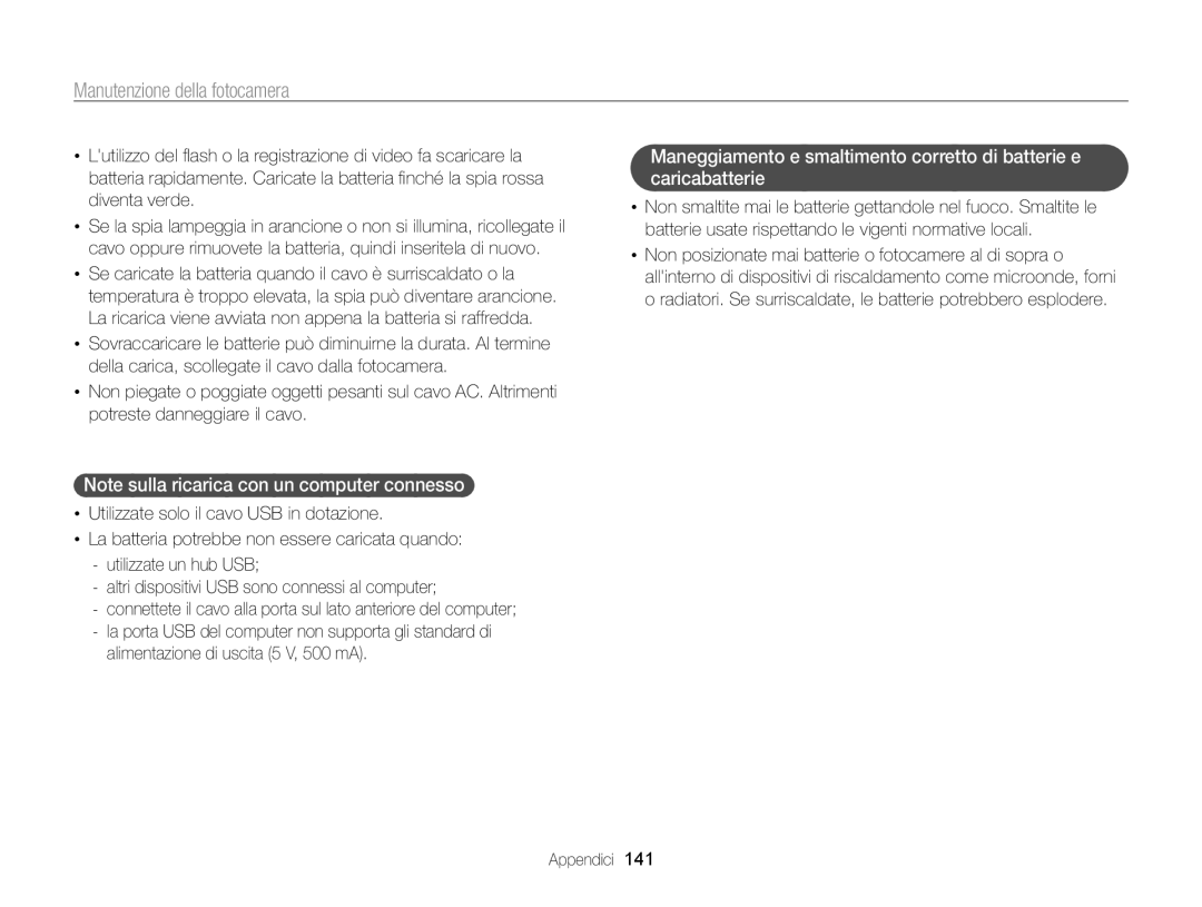 Samsung EC-SH100ZDPBME, EC-SH100ZBPBE1, EC-SH100ZDPSME, EC-SH100ZBPSE1, EC-SH100ZDPRME manual Manutenzione della fotocamera 