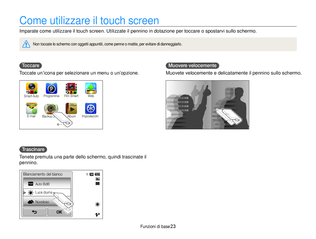 Samsung EC-SH100ZDPRME, EC-SH100ZBPBE1 manual Come utilizzare il touch screen, Toccare, Trascinare, Muovere velocemente 