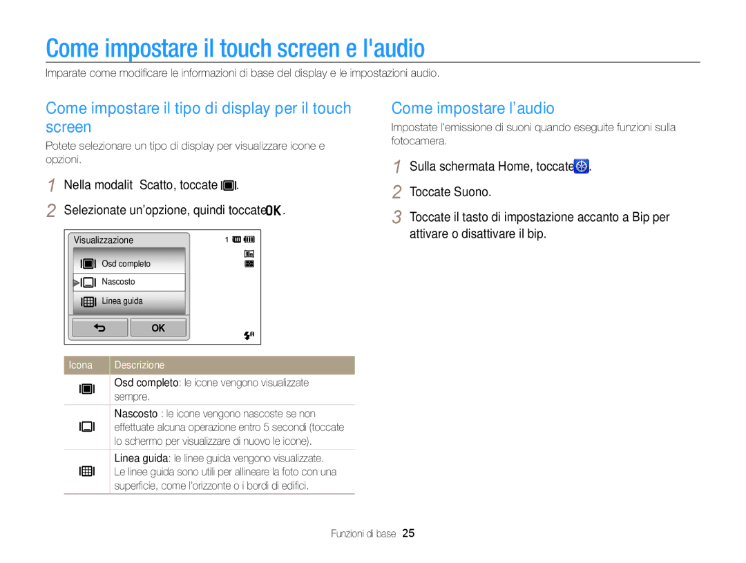 Samsung EC-SH100ZDPSME, EC-SH100ZBPBE1, EC-SH100ZDPBME manual Come impostare il touch screen e laudio, Come impostare laudio 