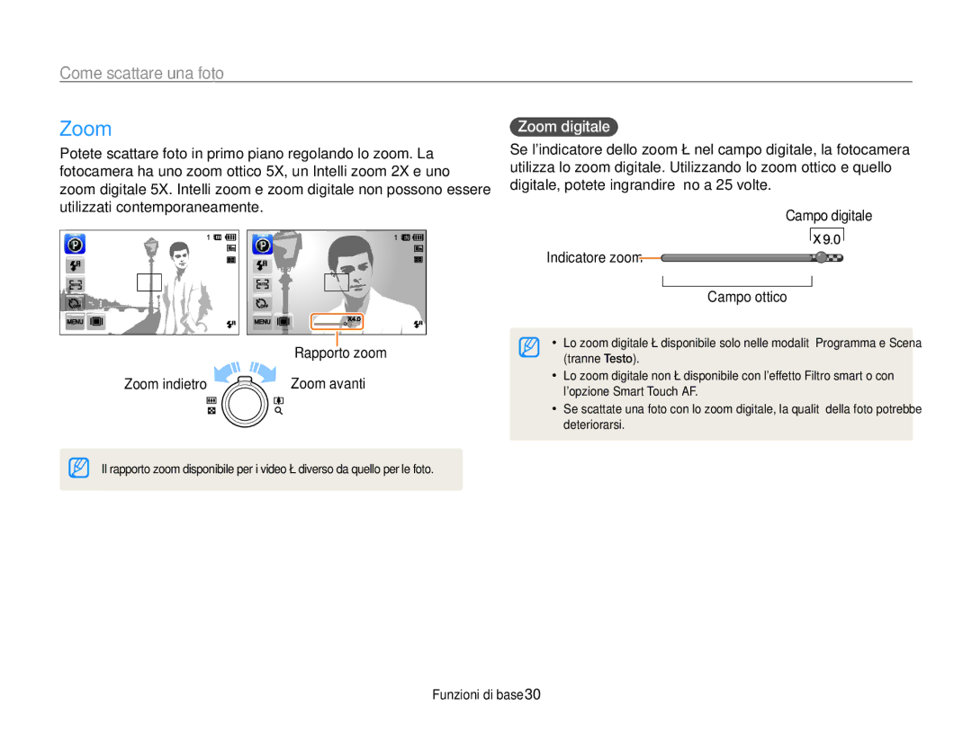 Samsung EC-SH100ZDPSME, EC-SH100ZBPBE1, EC-SH100ZDPBME, EC-SH100ZBPSE1 manual Come scattare una foto, Zoom digitale 