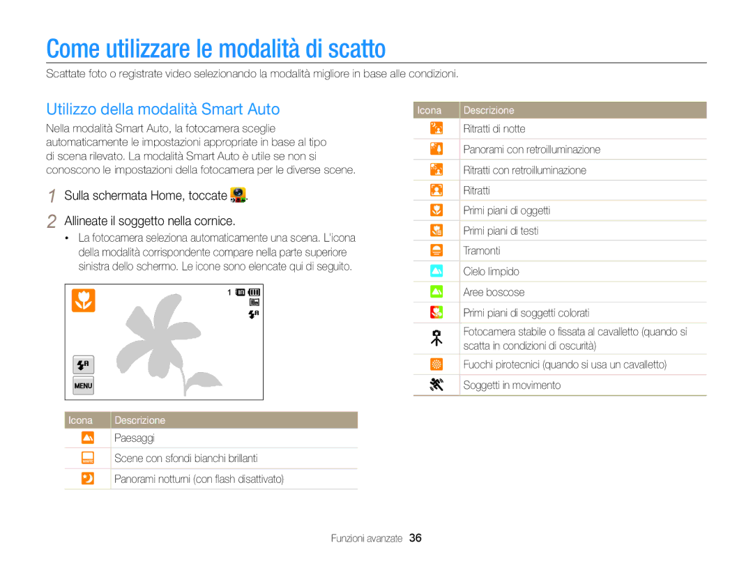 Samsung EC-SH100ZDPBME, EC-SH100ZBPBE1 manual Come utilizzare le modalità di scatto, Utilizzo della modalità Smart Auto 