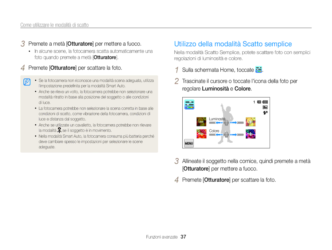 Samsung EC-SH100ZBPSE1, EC-SH100ZBPBE1 manual Utilizzo della modalità Scatto semplice, Come utilizzare le modalità di scatto 