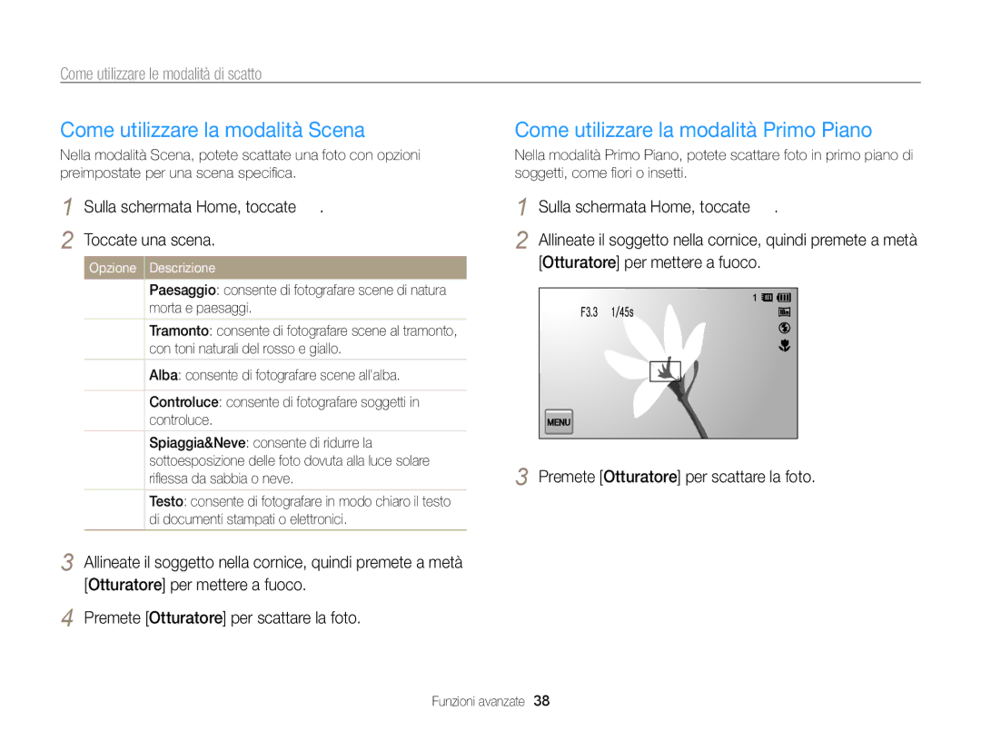 Samsung EC-SH100ZDPRME Come utilizzare la modalità Scena, Come utilizzare la modalità Primo Piano, Opzione Descrizione 