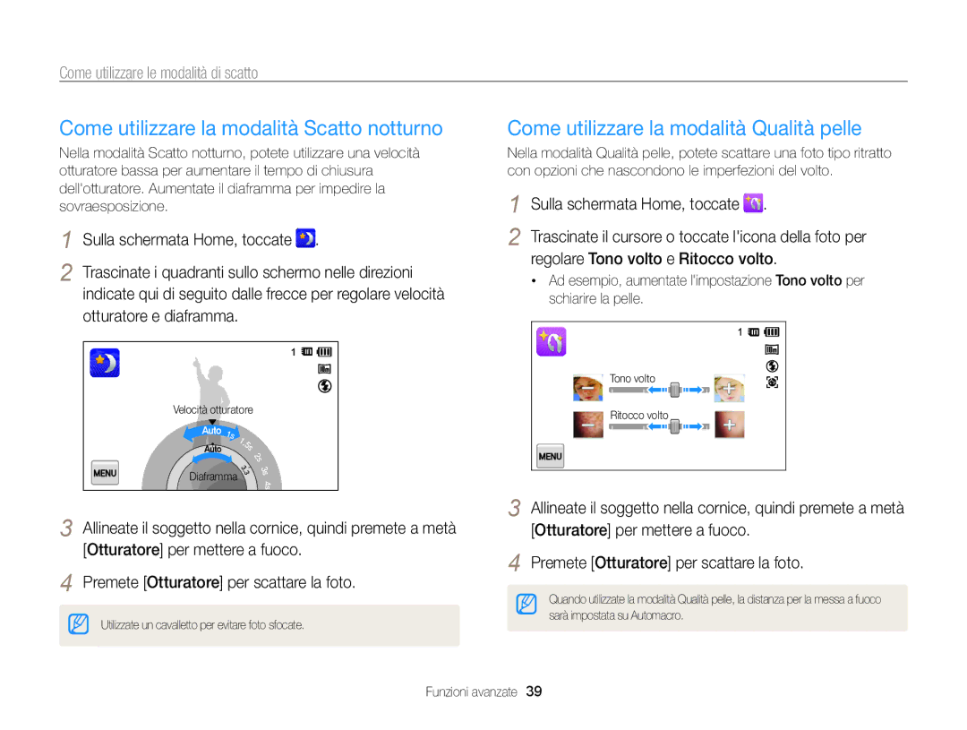 Samsung EC-SH100ZBPBE1 manual Come utilizzare la modalità Scatto notturno, Come utilizzare la modalità Qualità pelle 