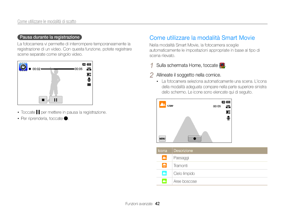 Samsung EC-SH100ZBPSE1, EC-SH100ZBPBE1 manual Come utilizzare la modalità Smart Movie, Pausa durante la registrazione 