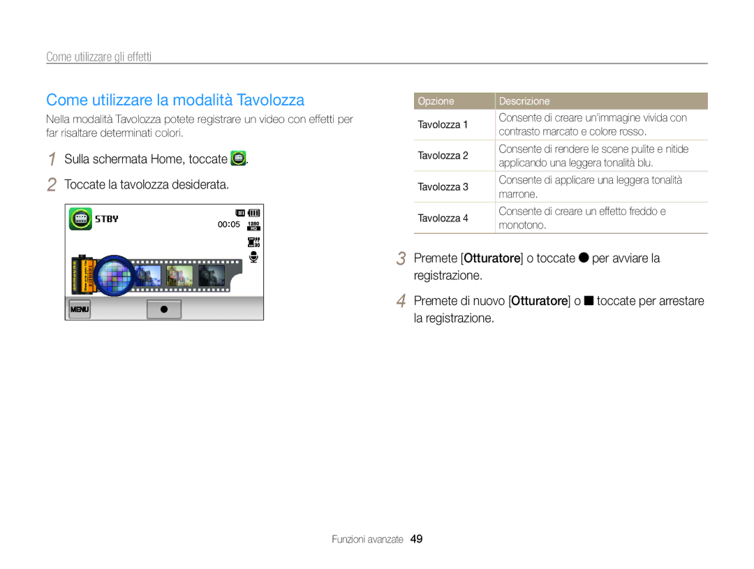 Samsung EC-SH100ZBPBE1, EC-SH100ZDPSME, EC-SH100ZDPBME, EC-SH100ZBPSE1, EC-SH100ZDPRME Come utilizzare la modalità Tavolozza 