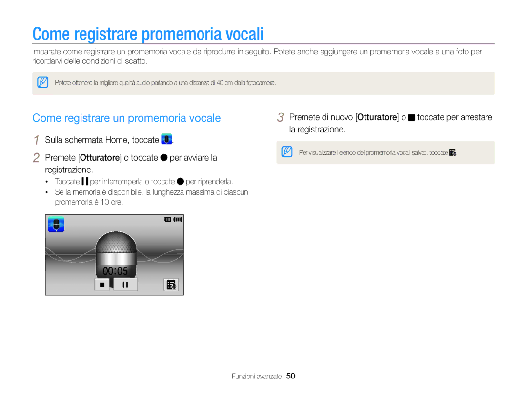 Samsung EC-SH100ZDPSME, EC-SH100ZBPBE1 manual Come registrare promemoria vocali, Come registrare un promemoria vocale 