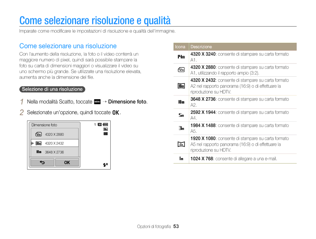 Samsung EC-SH100ZDPRME, EC-SH100ZBPBE1, EC-SH100ZDPSME manual Come selezionare risoluzione e qualità, Icona Descrizione 